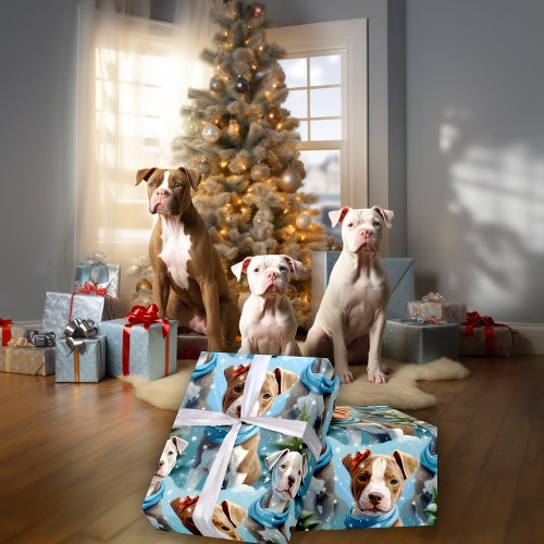 Adorable Winter Snowflake Pitbull Puppies  Wrapping Paper