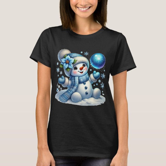 Adorable Winter Snowman with Blue Scarf and Snowfl T-Shirt (Front)