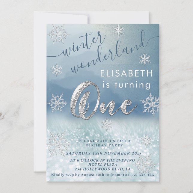Adorable winter wonderland glitter  first birthday invitation (Front)