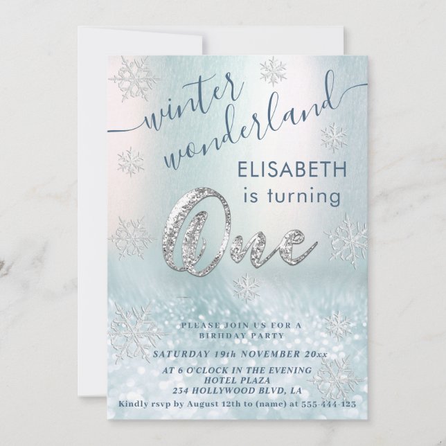 Adorable winter wonderland glitter  first birthday invitation (Front)