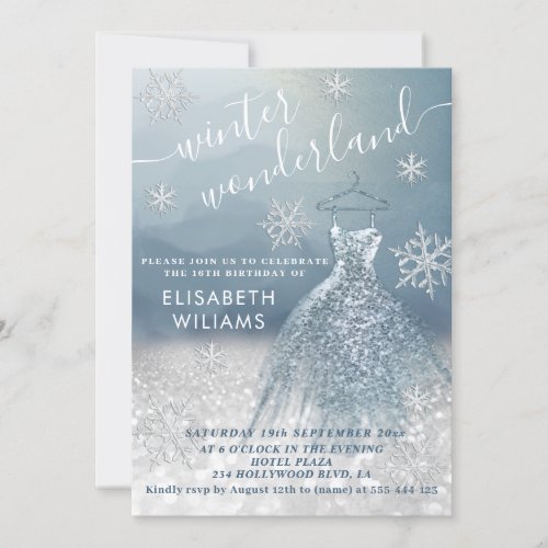 Adorable winter wonderland glitter ombre sweet 16  invitation