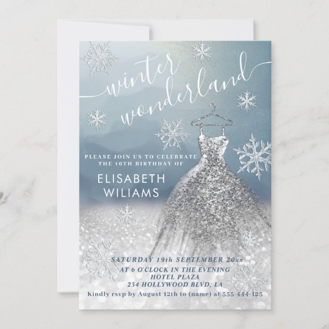 Adorable winter wonderland glitter ombre sweet 16 invitation (Front)