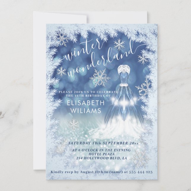 Adorable winter wonderland glitter ombre sweet 16  invitation (Front)