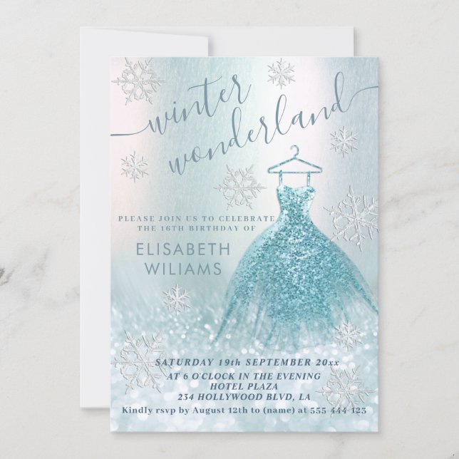 Adorable winter wonderland glitter ombre sweet 16  invitation (Front)
