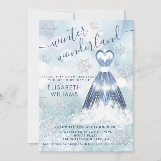 Adorable winter wonderland glitter ombre sweet 16  invitation (Front)
