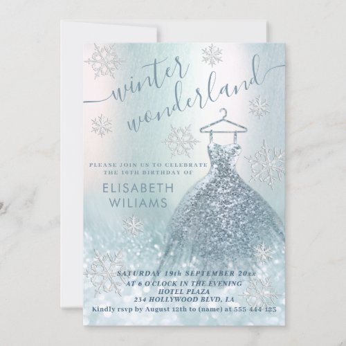 Adorable winter wonderland glitter ombre sweet 16  invitation