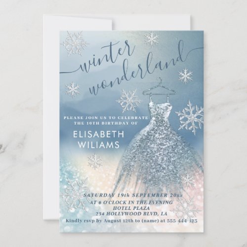 Adorable winter wonderland glitter ombre sweet 16  invitation