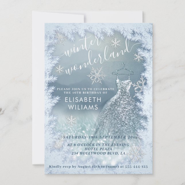 Adorable winter wonderland glitter ombre sweet 16  invitation (Front)