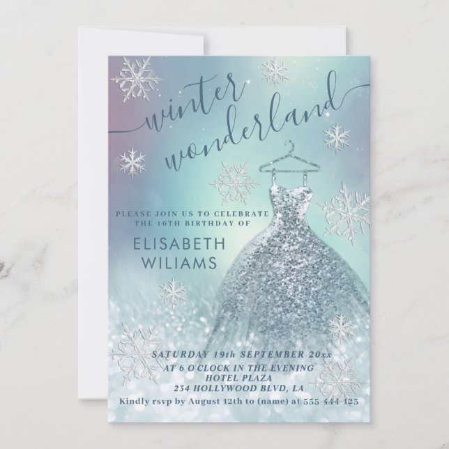 Adorable winter wonderland glitter ombre sweet 16  invitation (Front)