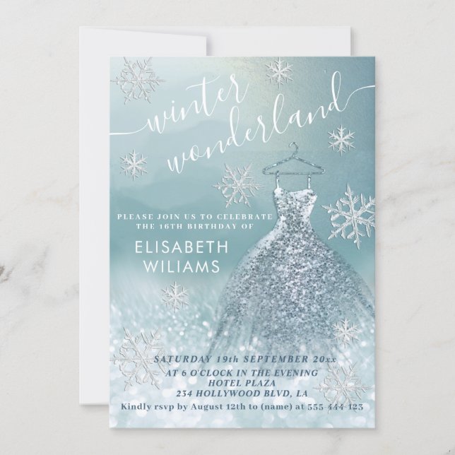 Adorable winter wonderland glitter ombre sweet 16  invitation (Front)