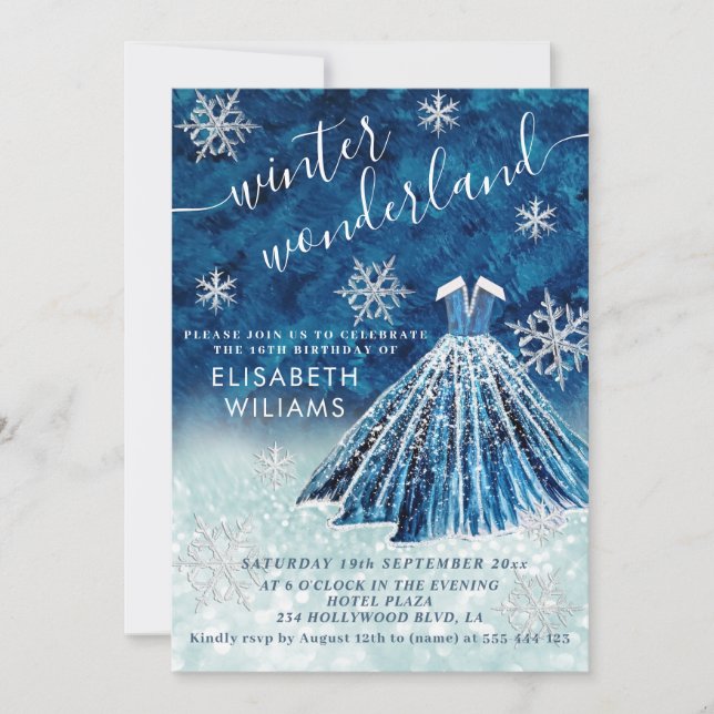 Adorable winter wonderland glitter ombre sweet 16  invitation (Front)