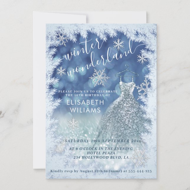 Adorable winter wonderland glitter ombre sweet 16  invitation (Front)
