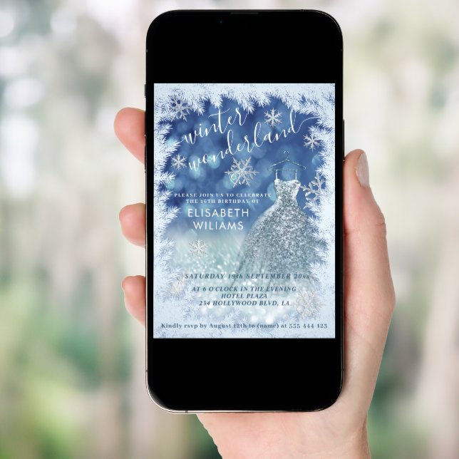 Adorable winter wonderland glitter ombre sweet 16  invitation (Front Digital)