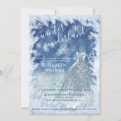 Adorable winter wonderland glitter ombre sweet 16  invitation