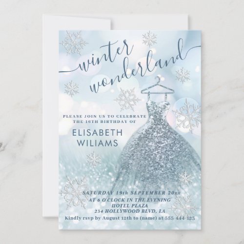 Adorable winter wonderland glitter ombre sweet 16  invitation