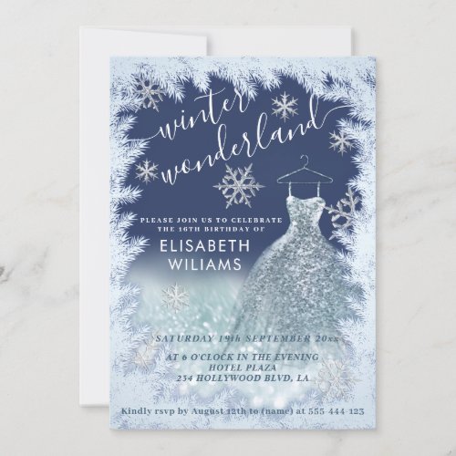 Adorable winter wonderland glitter ombre sweet 16  invitation