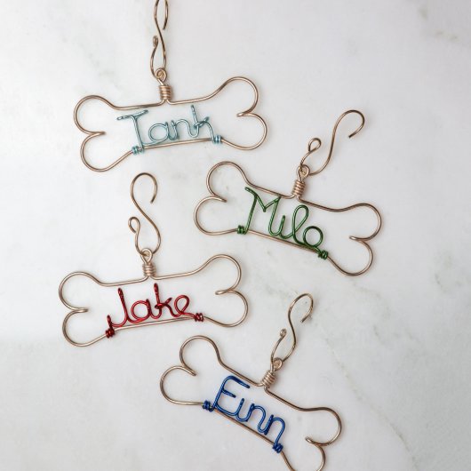 Adorable Wire Pet Name Dog Bone Christmas Ornament (4 up)