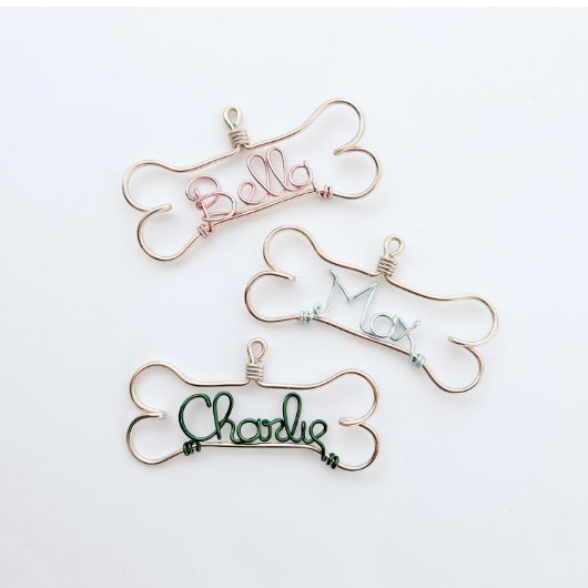 Adorable Wire Pet Name Dog Bone Christmas Ornament (Front)