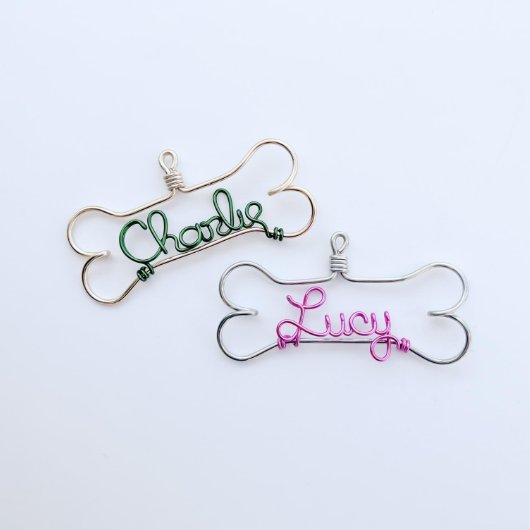 Adorable Wire Pet Name Dog Bone Christmas Ornament (Front)