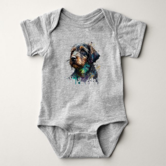 Adorable Wirehaired Dachshund Puppy Watercolor Art Baby Bodysuit (Front)