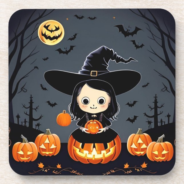Adorable Witch and Pumpkins Beverage Coaster (Front)