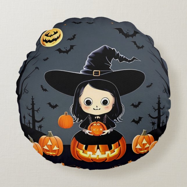 Adorable Witch and Pumpkins Round Pillow (Front)