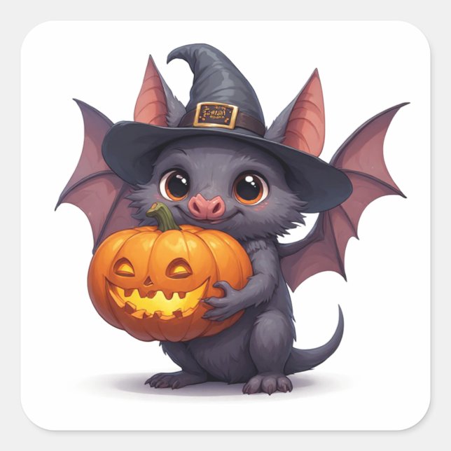Adorable Witch Bat Holding Jack O Lantern 🦇 Square Sticker (Front)