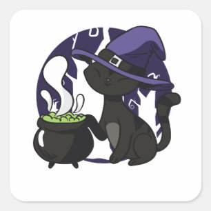 Adorable Witch Black Cat Square Sticker