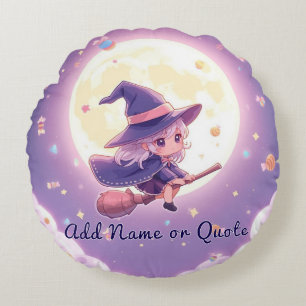 Adorable Witch Flying Halloween Round Pillow