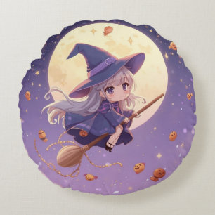 Adorable Witch Flying Over the Moon Round Pillow