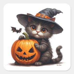 Adorable Witch Hat Kitten And Pumpkin 🎃 Square Sticker
