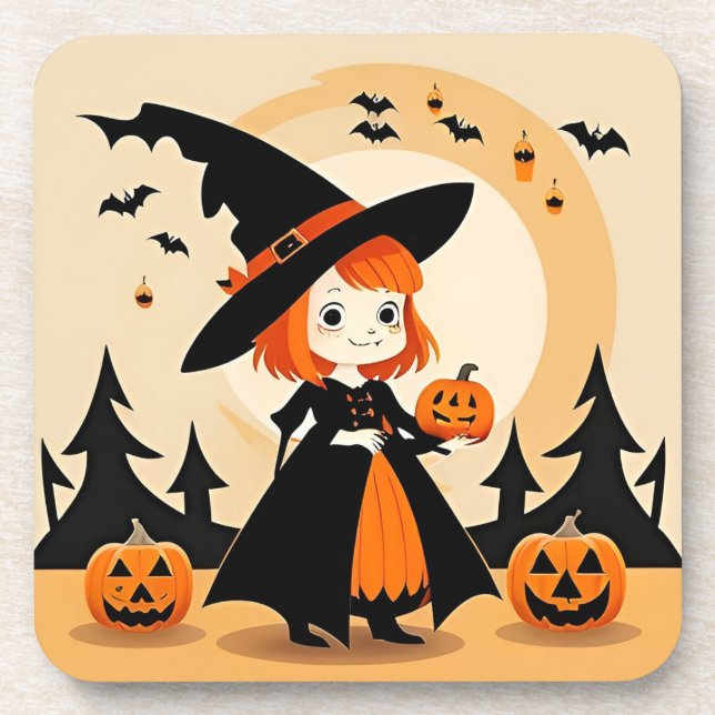 Adorable Witch Holding Pumpkin Beverage Coaster (Front)