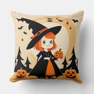 Adorable Witch Holding Pumpkin Throw Pillow