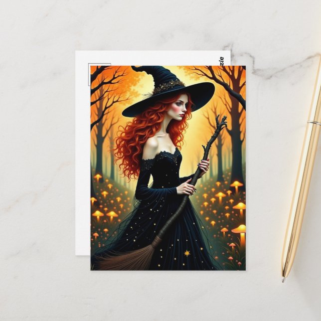 Adorable Witch in Autumn Forest Postcard (Front/Back In Situ)