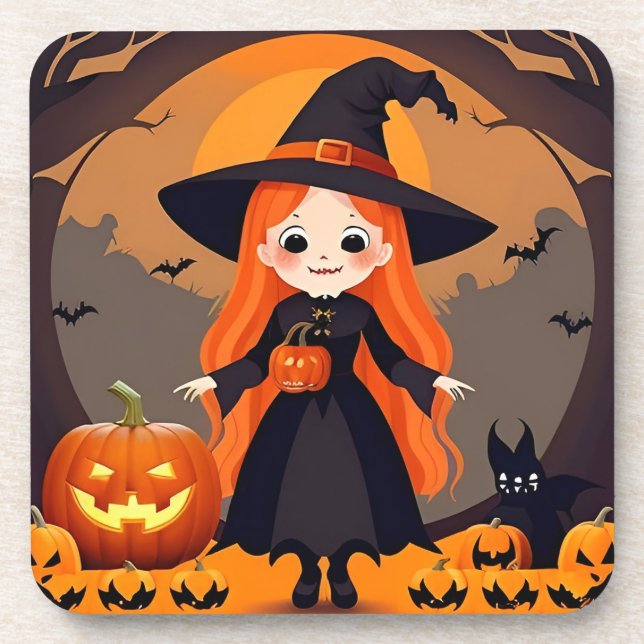 Adorable Witch in Halloween Setting with Pumpkins Beverage Coaster (Front)