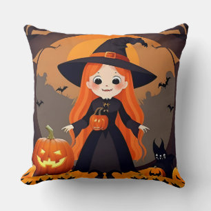 Adorable Witch in Halloween Setting with Pumpkins Throw Pillow