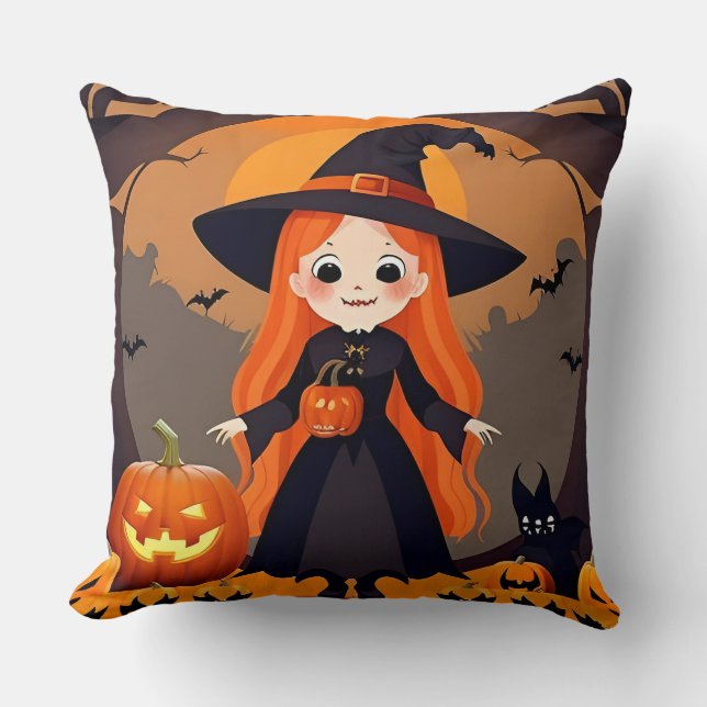 Adorable Witch in Halloween Setting with Pumpkins Throw Pillow (Front)