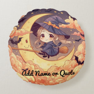 Adorable Witch on Moon Round Pillow