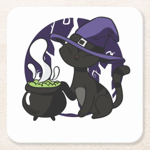 Adorable Witches Black Cat Square Paper Coaster
