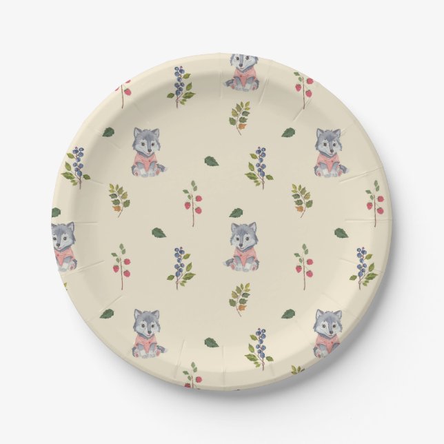 Adorable Wolf and Forest Berries Pattern  Paper Plates (Front)