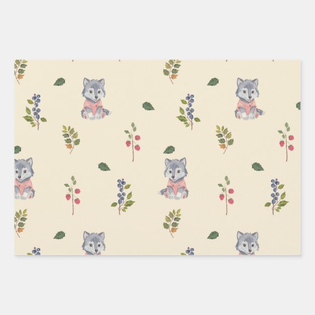 Adorable Wolf and Forest Berries Pattern  Wrapping Paper Sheets (Front)