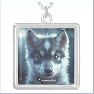 Adorable Wolf Baby in the Moonlight Silver Plated Necklace