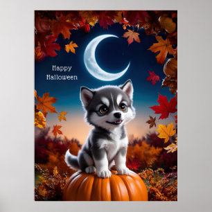 Adorable Wolf with Crescent Moon Halloween Art Poster
