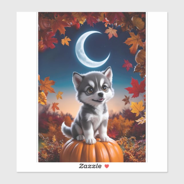 Adorable Wolf with Crescent Moon Halloween Art Sticker (Sheet)