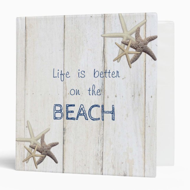 Adorable Wood Texture,Starfish,Beach   3 Ring Binder (Front/Inside)