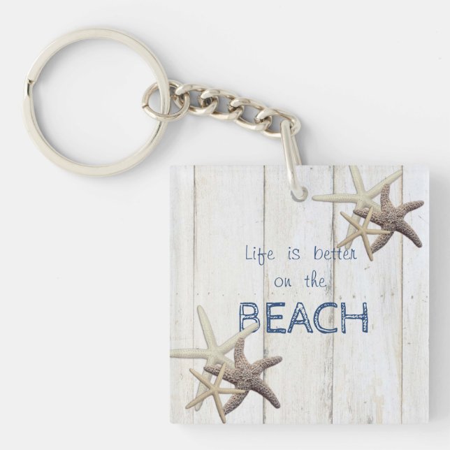 Adorable Wood Texture,Starfish,Beach  Keychain (Front)