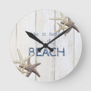 Adorable Wood Texture,Starfish,Beach   Round Clock