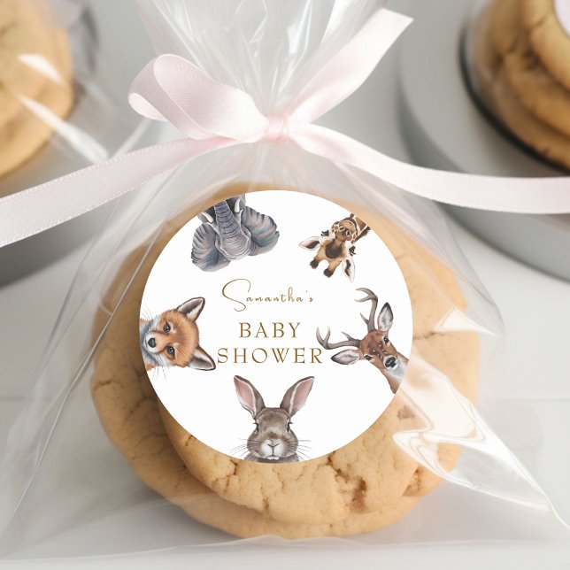 Adorable woodland animals baby shower favors classic round sticker (Creator Uploaded)
