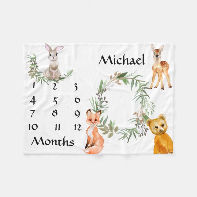 Adorable Woodland Animals Fox Milestone Keepsake Fleece Blanket (Front (Horizontal))