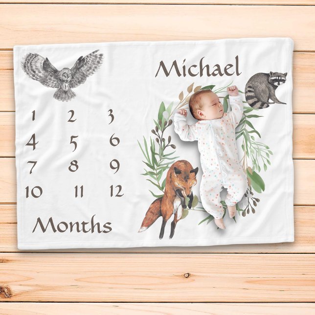 Adorable Woodland Animals Fox Milestone Keepsake Fleece Blanket (Creator Uploaded)